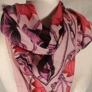 Pink & purple scarf with flowers and birds, 42x42
